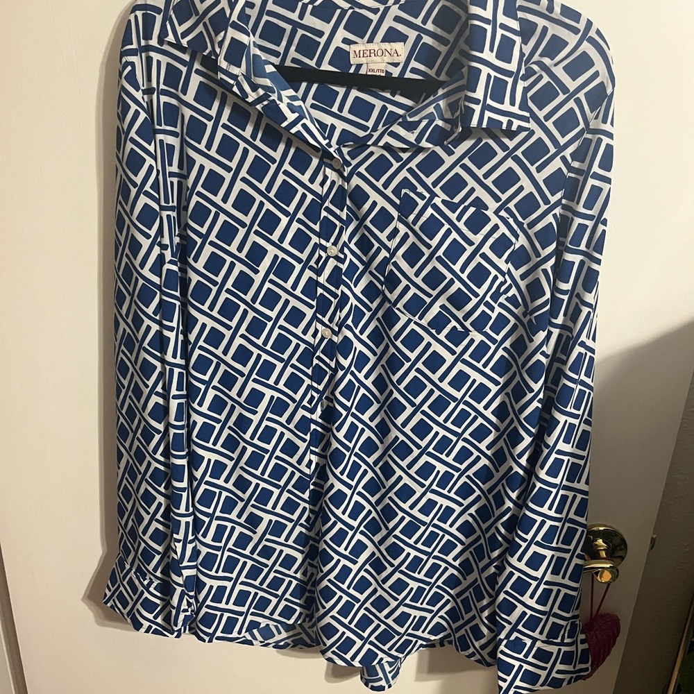 ❤️ XXL Merona Blue Geometric Print Women's Button Down Top - Picture 10 of 10